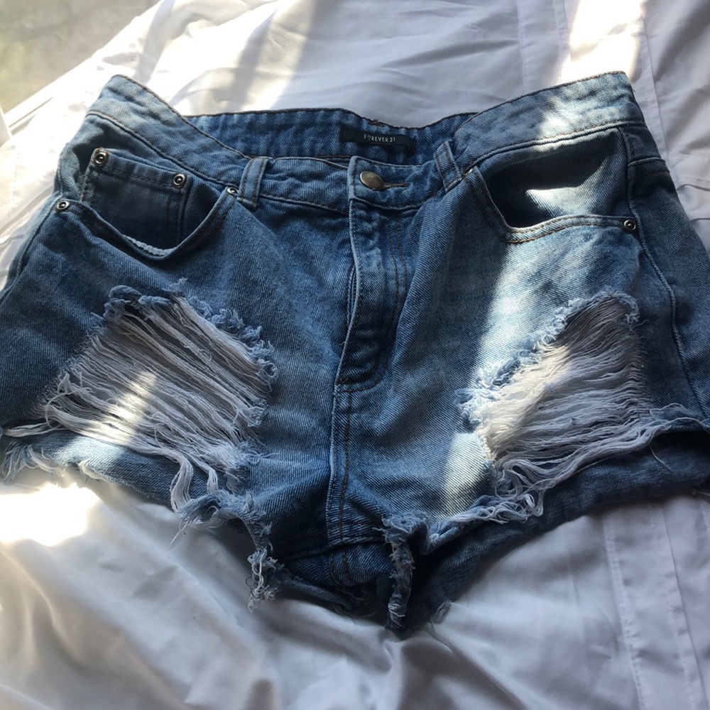 Light blue distressed jean shorts